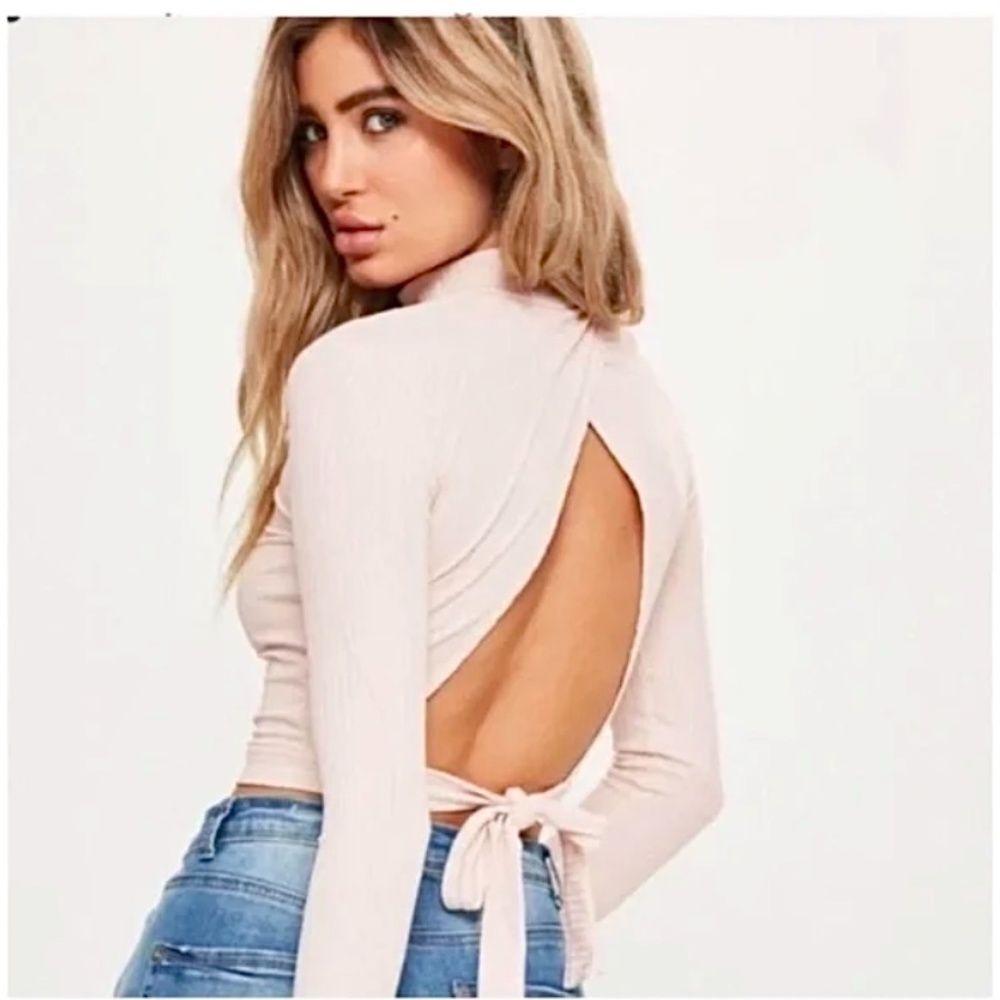 🪞 NWT Nude pink open tie back high neck tie up ribbed long sleeve dressy top